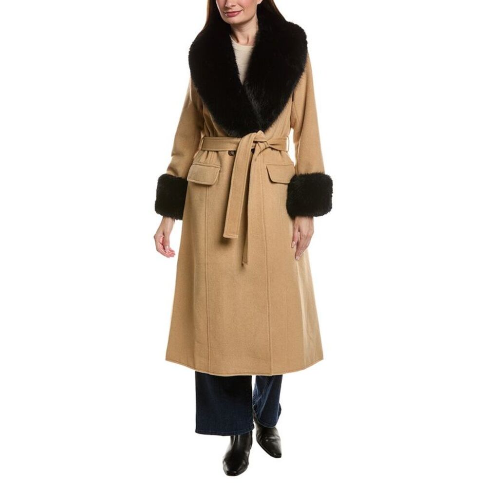 Pascale La Mode Womens Trim Trench Wool-Blend Long Coat, Brown